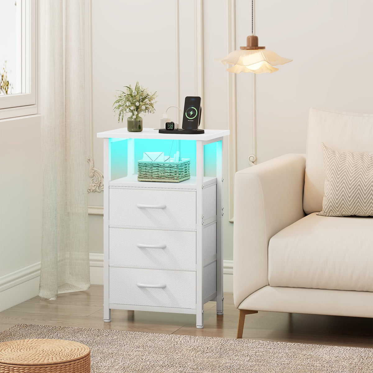 White Nightstand with Charging Station and 3 Fabric Drawers Q3065