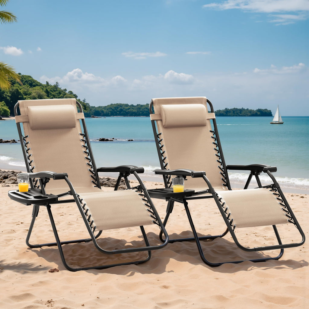 Set of 2 Beige Adjustable Steel Mesh Lounge Chairs with Cup Holder U584