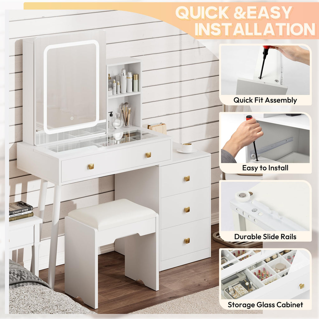 White Vanity Desk with Sliding Mirror and Lights, 4 Drawers, Stool P19857
