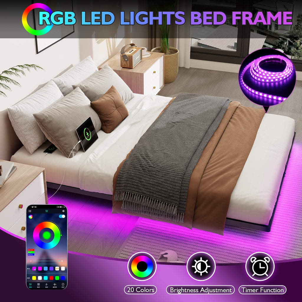 Full Size Metal Platform Bed Frame with LED Lights & Charging Station U8058