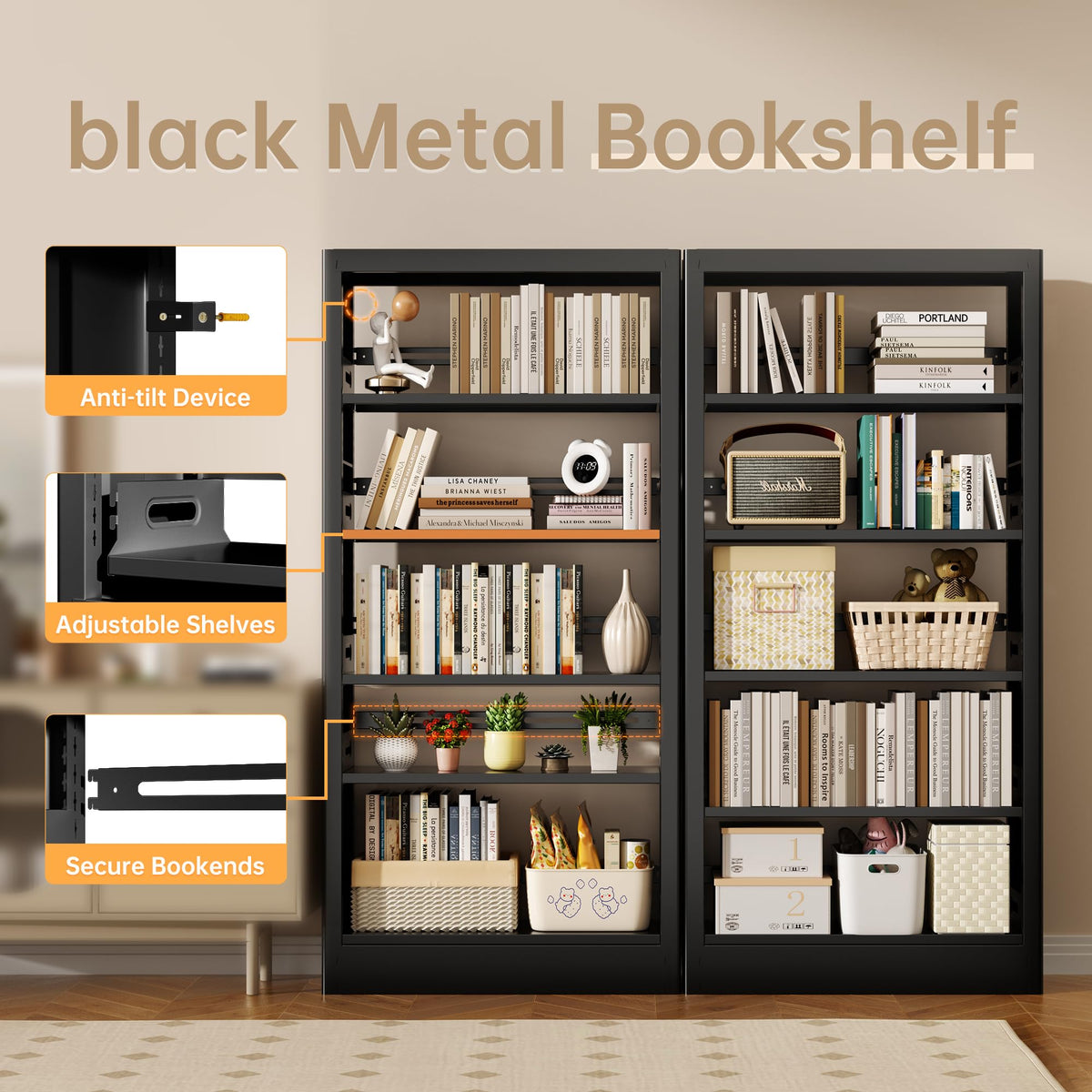Black 5-Tier Metal Bookcase with Adjustable Shelves F239234
