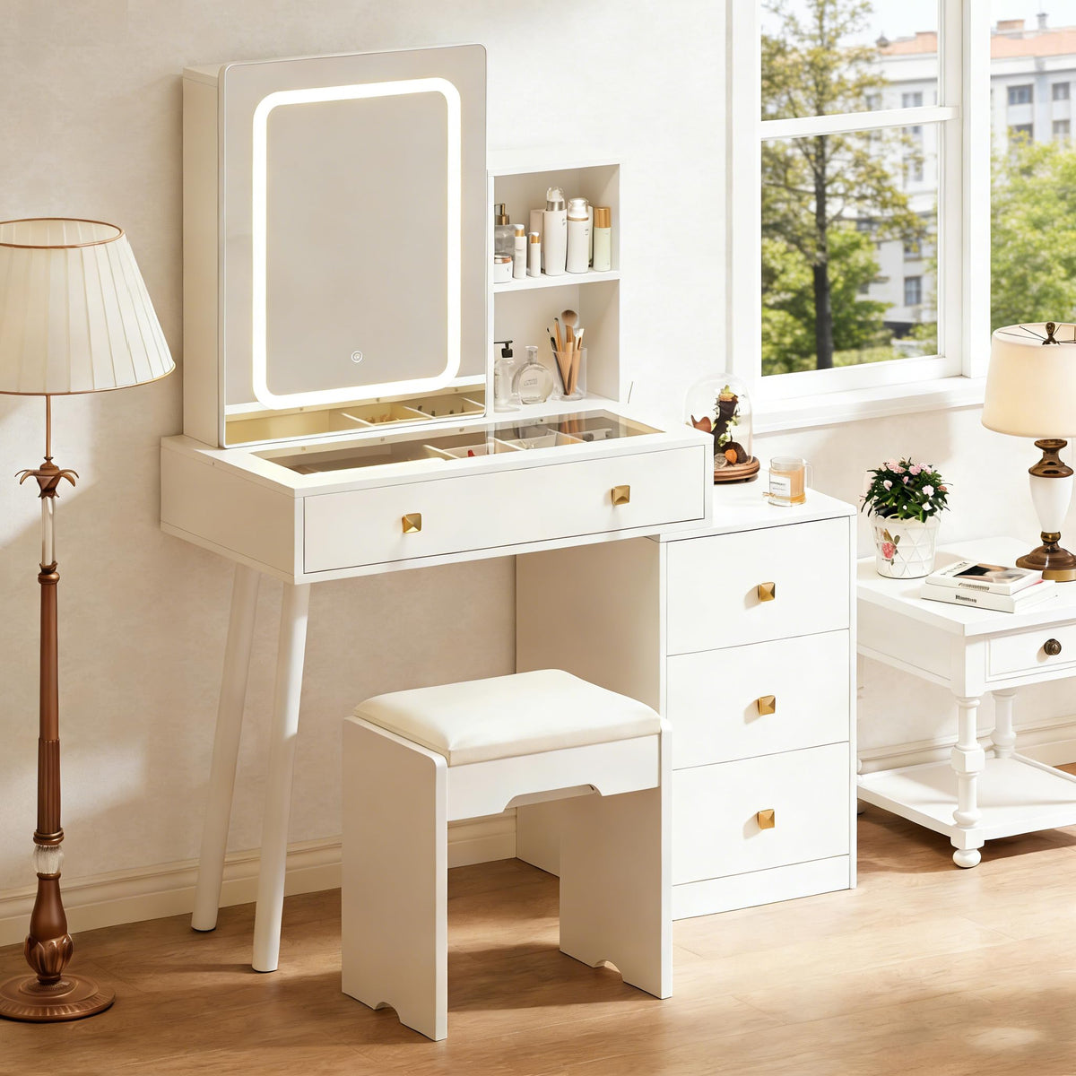 White Vanity Desk with Sliding Mirror and Lights, 4 Drawers, Stool P19857
