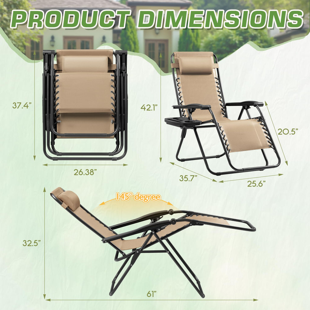 Set of 2 Beige Adjustable Steel Mesh Lounge Chairs with Cup Holder U584
