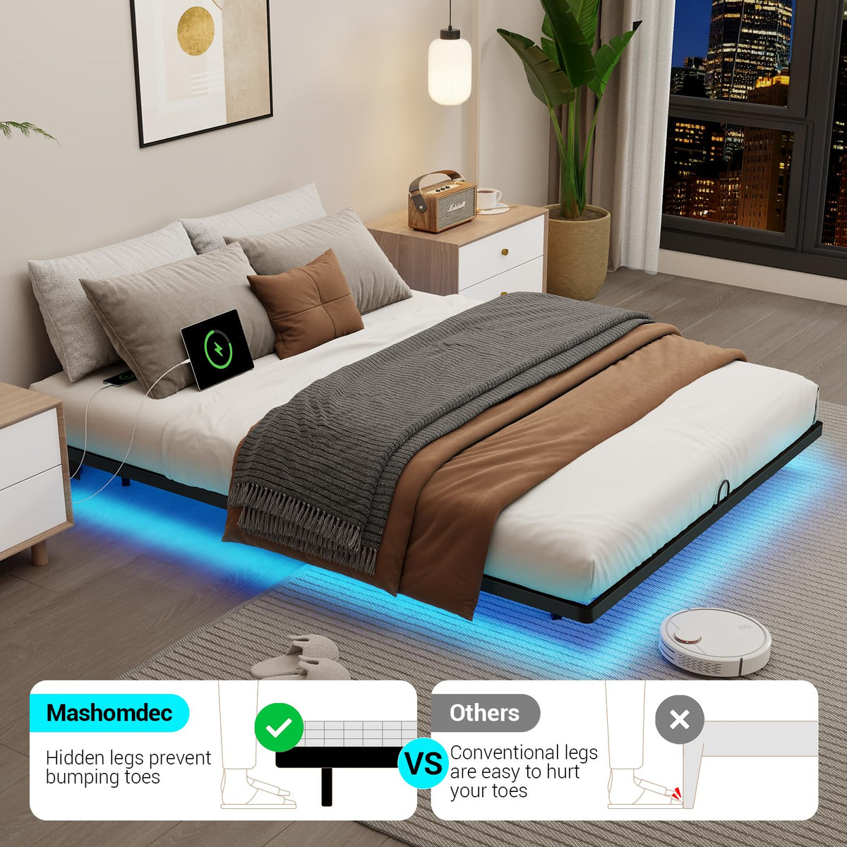 Full Size Metal Platform Bed Frame with LED Lights & Charging Station U8058