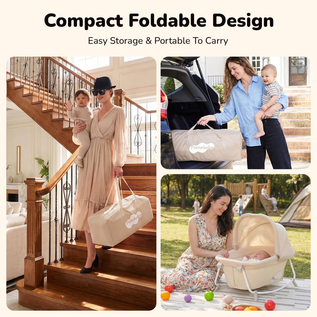 6-in-1 Pack and Play with Bassinet, Portable Playard, Travel Crib with Mattress, Changing Table, Storage Bag & 4 Wheels (Beige) E749358