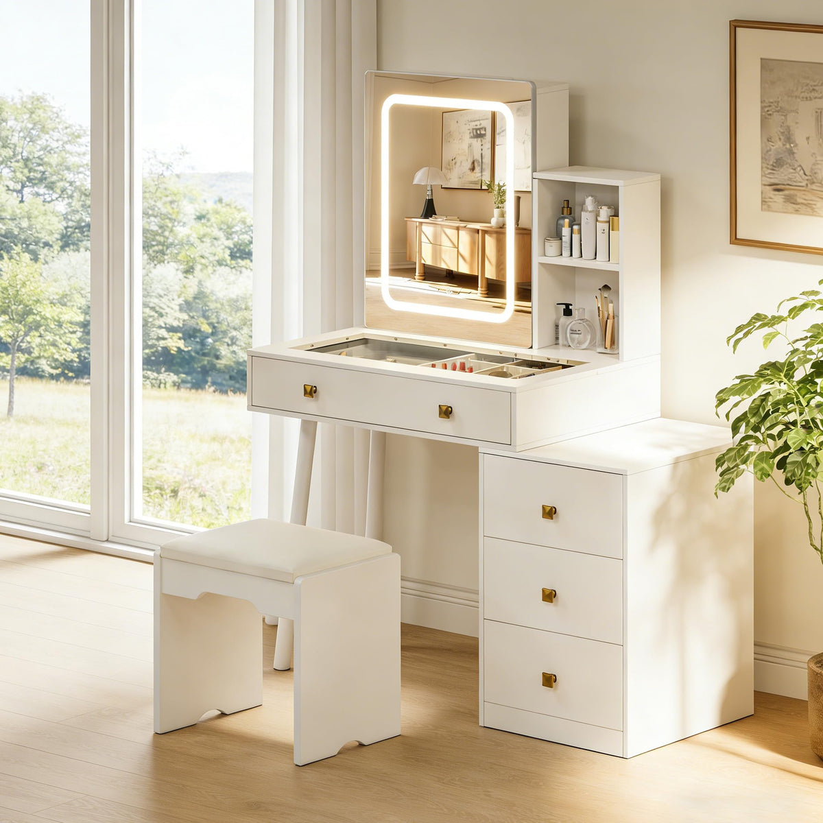 White Vanity Desk with Sliding Mirror and Lights, 4 Drawers, Stool P19857