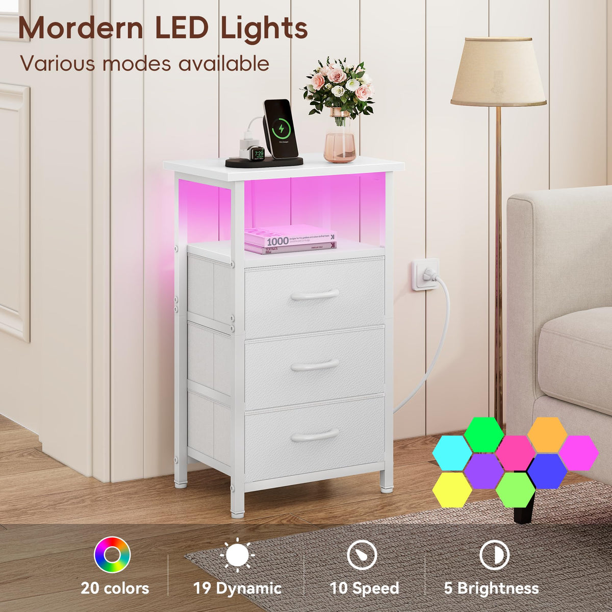 White Nightstand with Charging Station and 3 Fabric Drawers Q3065