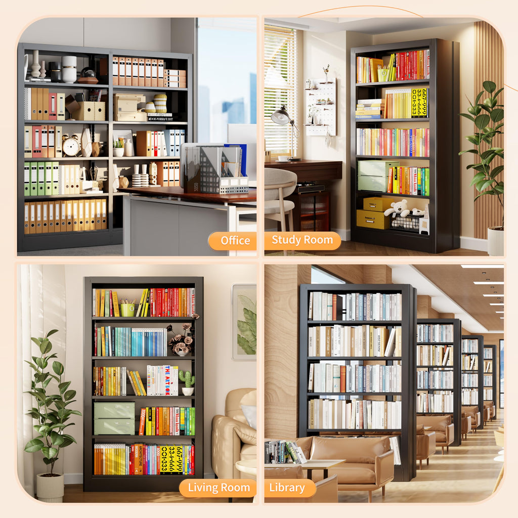 Black 5-Tier Metal Bookcase with Adjustable Shelves F239234