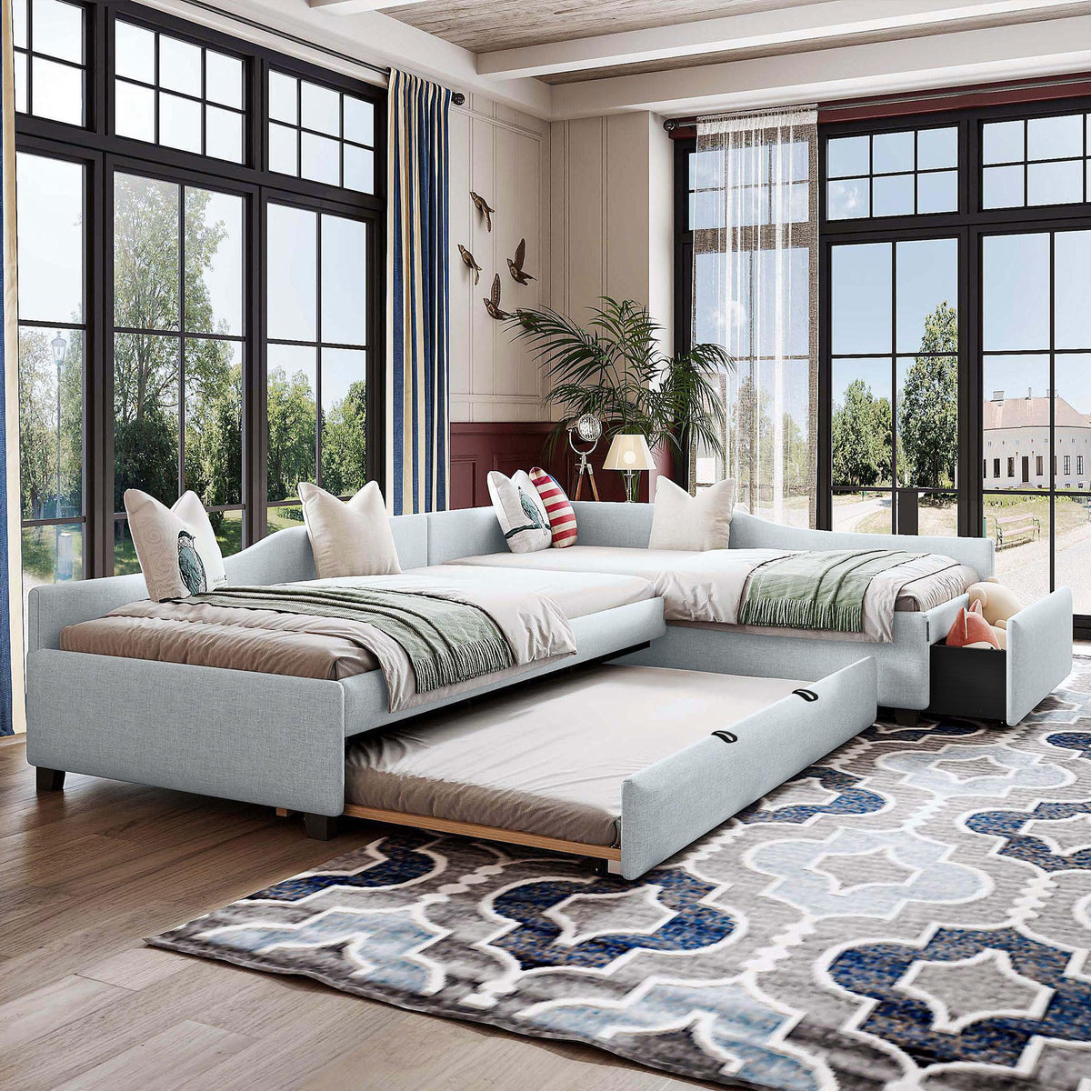 Beige Linen Upholstered Double Twin Size Daybed with Trundle and Drawer W26410