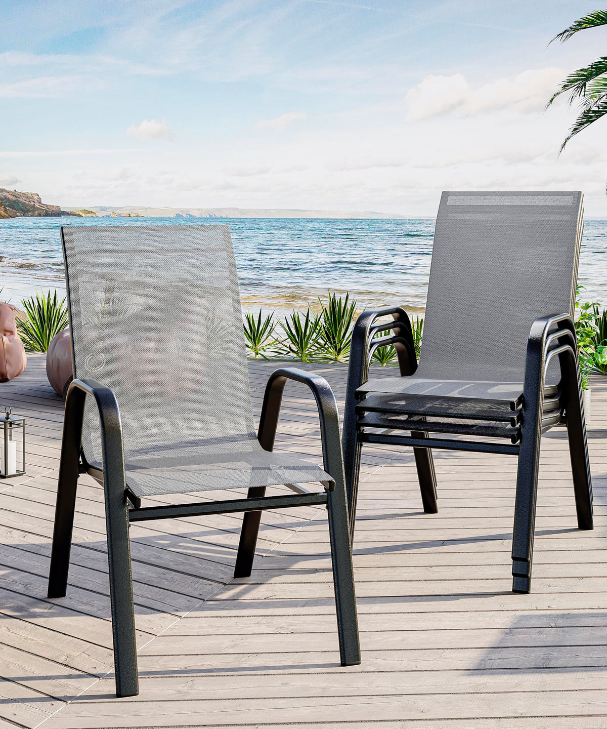 Stackable Outdoor Dining Chairs Set of 4 Textilene Fabric Metal Frame Grey L64313