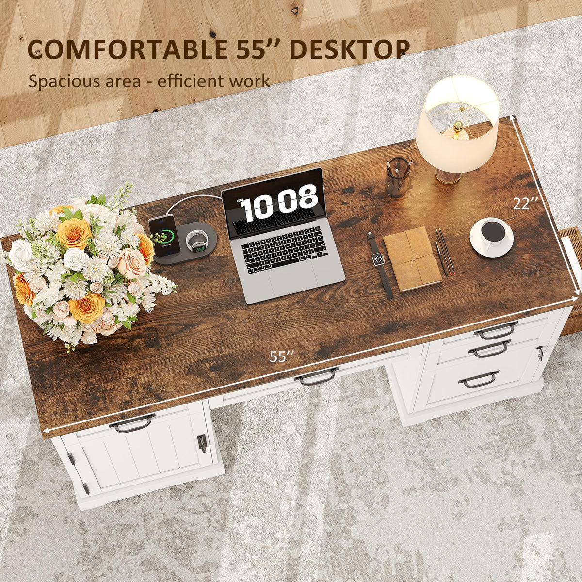 55'' White Farmhouse Desk with Drawers B96186