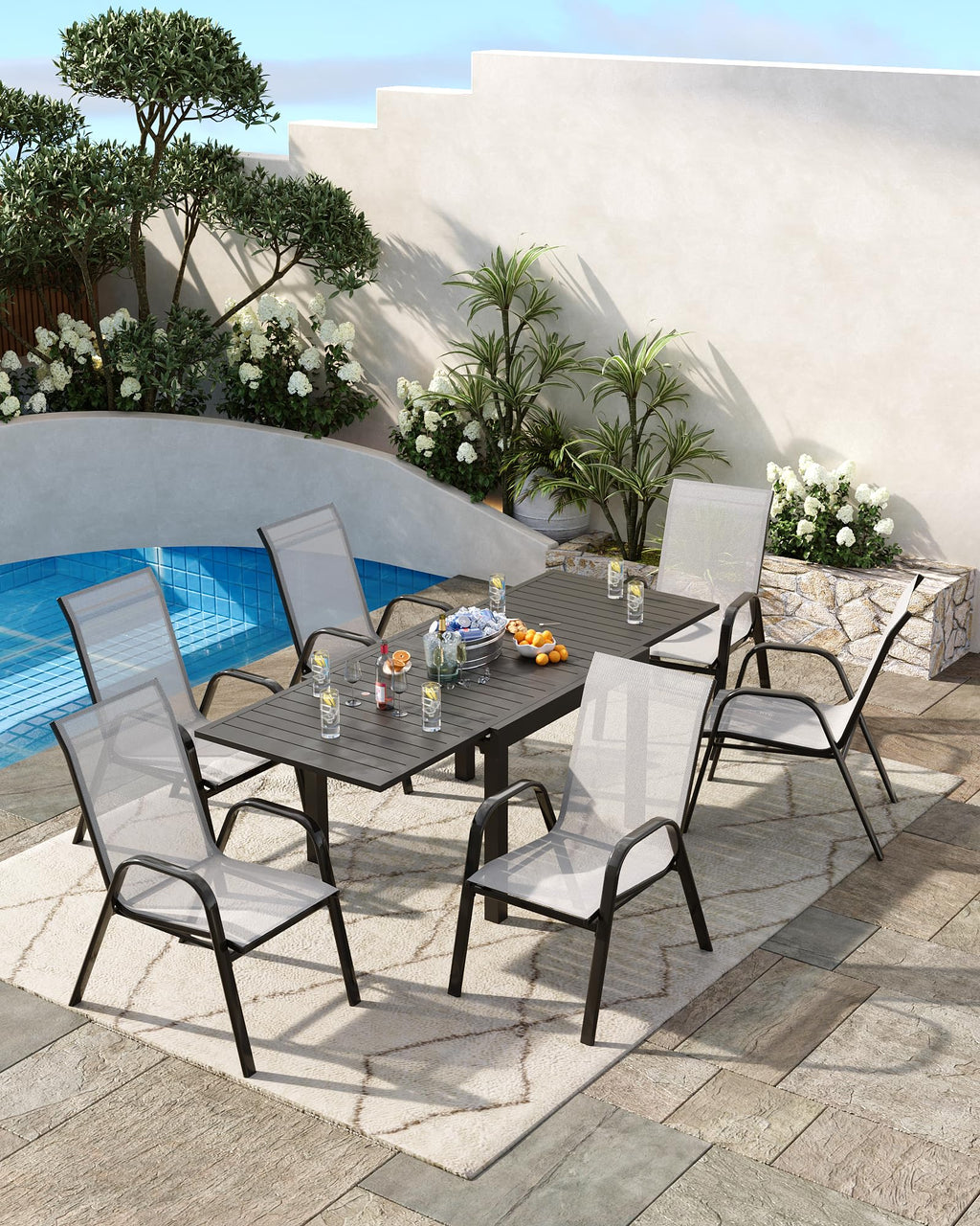 Stackable Outdoor Dining Chairs Set of 4 Textilene Fabric Metal Frame Grey L64313