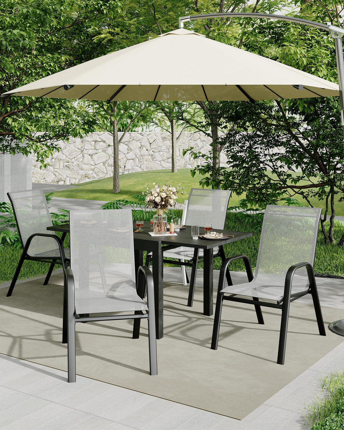 Stackable Outdoor Dining Chairs Set of 4 Textilene Fabric Metal Frame Grey L64313