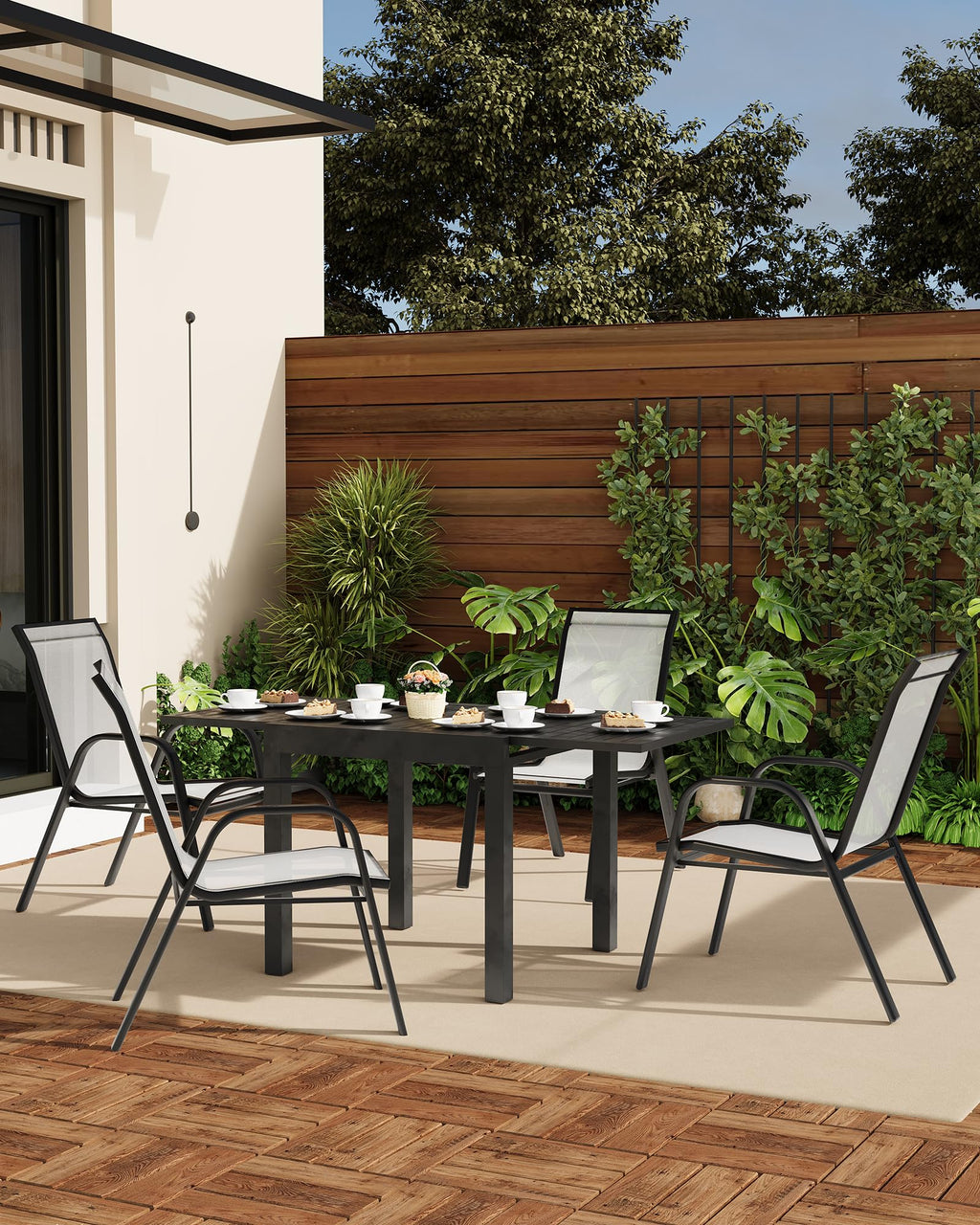 Stackable Outdoor Dining Chairs Set of 4 Textilene Fabric Metal Frame Grey L64313