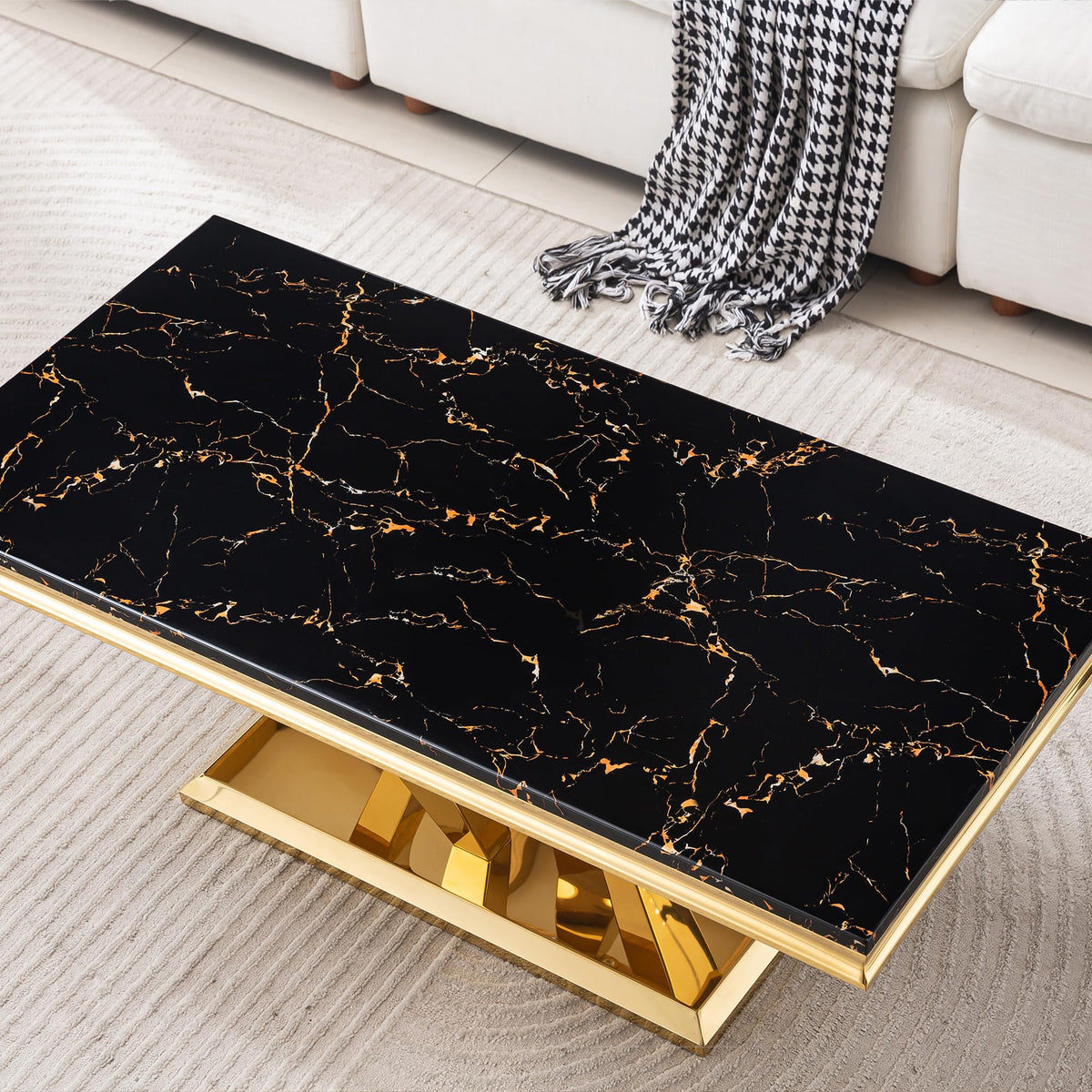 47" Faux Marble Rectangular Coffee Table with Mirrored Finish Stainless Steel Base N900