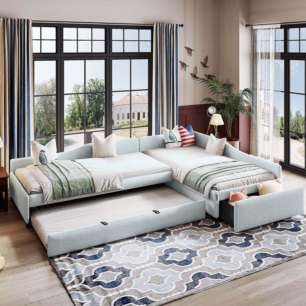 Beige Linen Upholstered Double Twin Size Daybed with Trundle and Drawer W26410