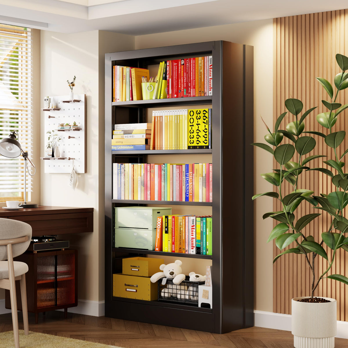 Black 5-Tier Metal Bookcase with Adjustable Shelves F239234
