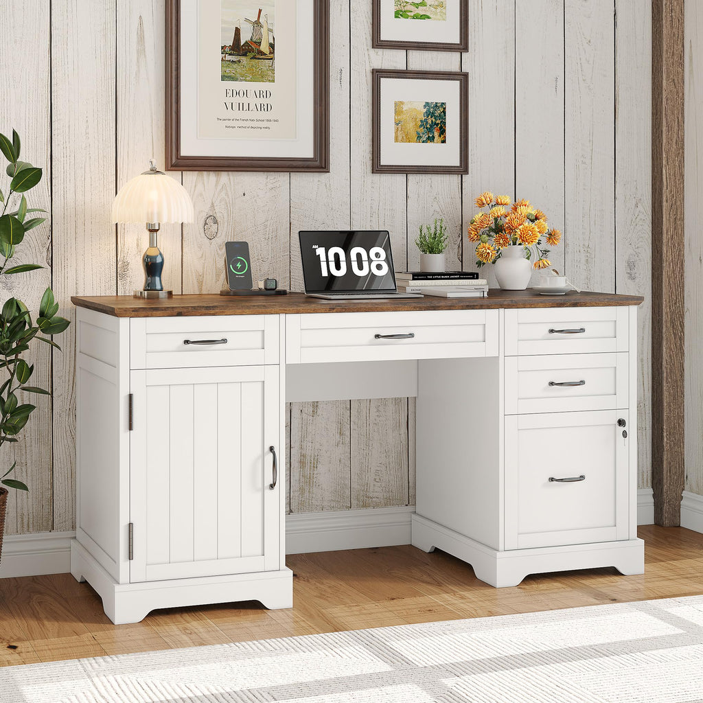 55'' White Farmhouse Desk with Drawers B96186