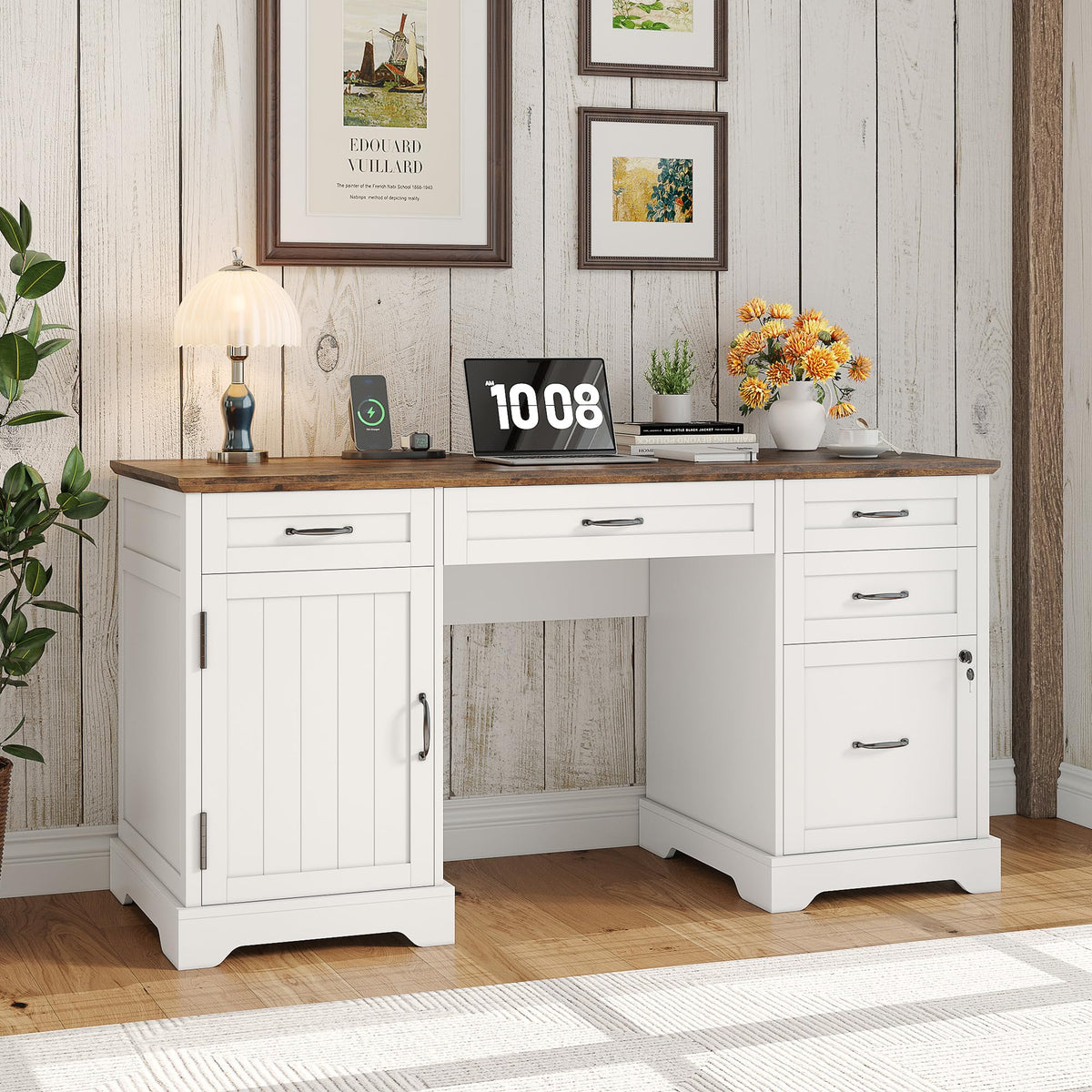 55'' White Farmhouse Desk with Drawers B96186