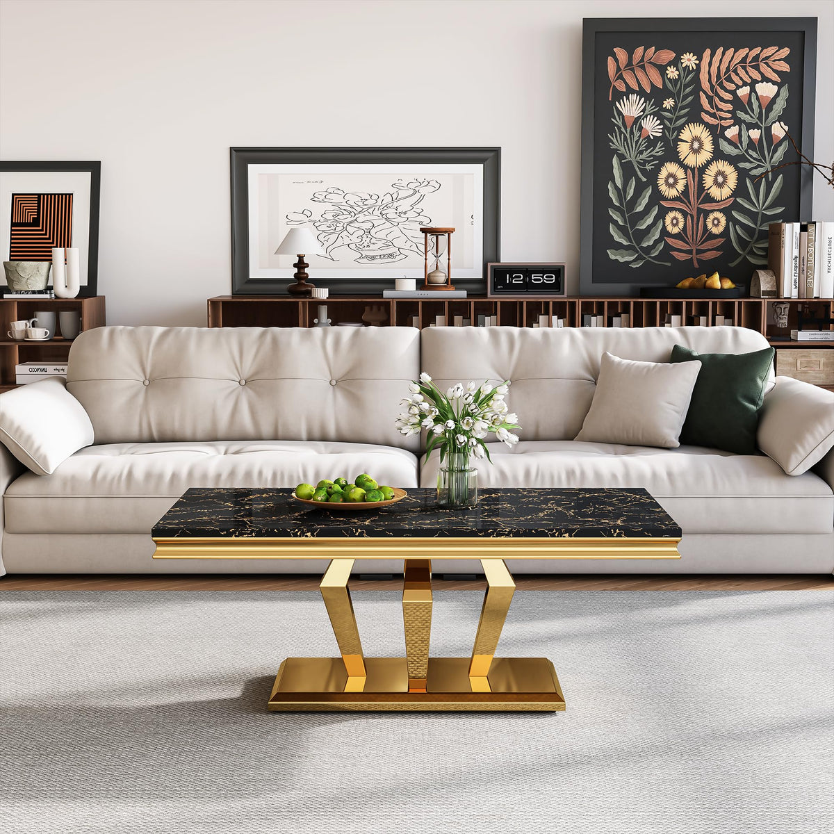 47" Faux Marble Rectangular Coffee Table with Mirrored Finish Stainless Steel Base N900