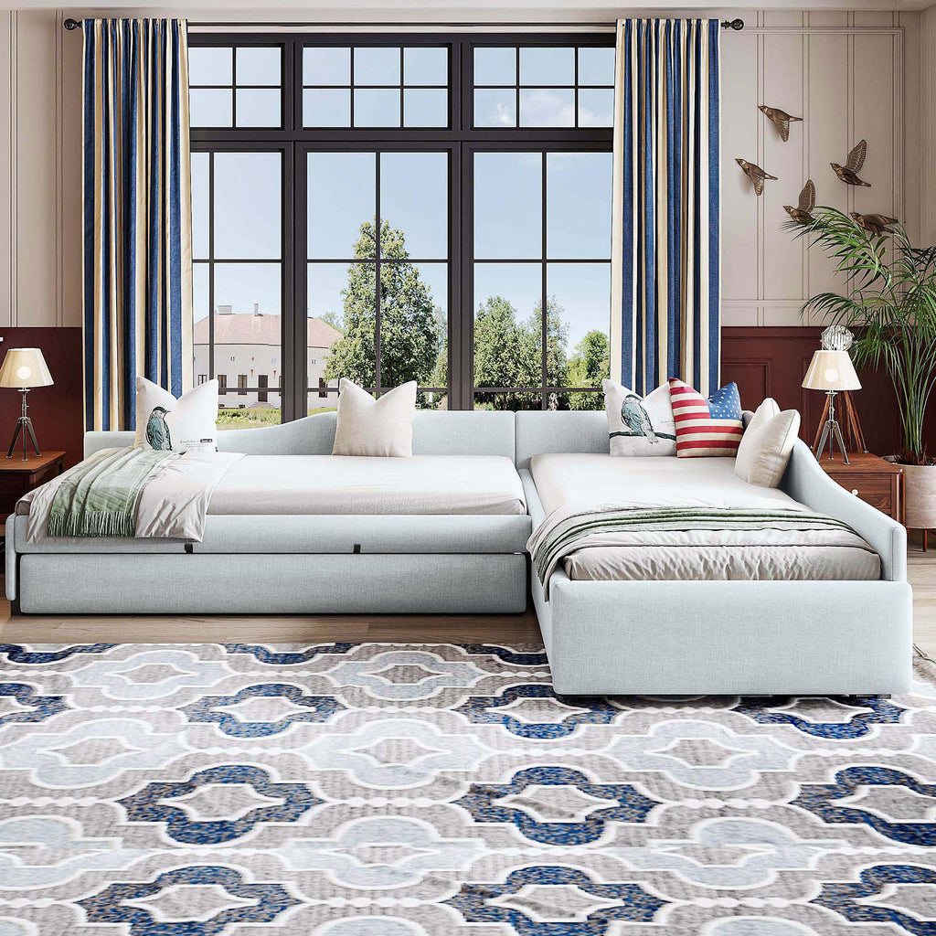 Beige Linen Upholstered Double Twin Size Daybed with Trundle and Drawer W26410
